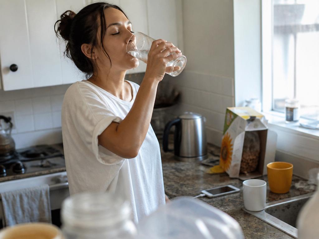 A woman at a cluttered kitchen counter in bright morning light gulping water straight from a large clear glass