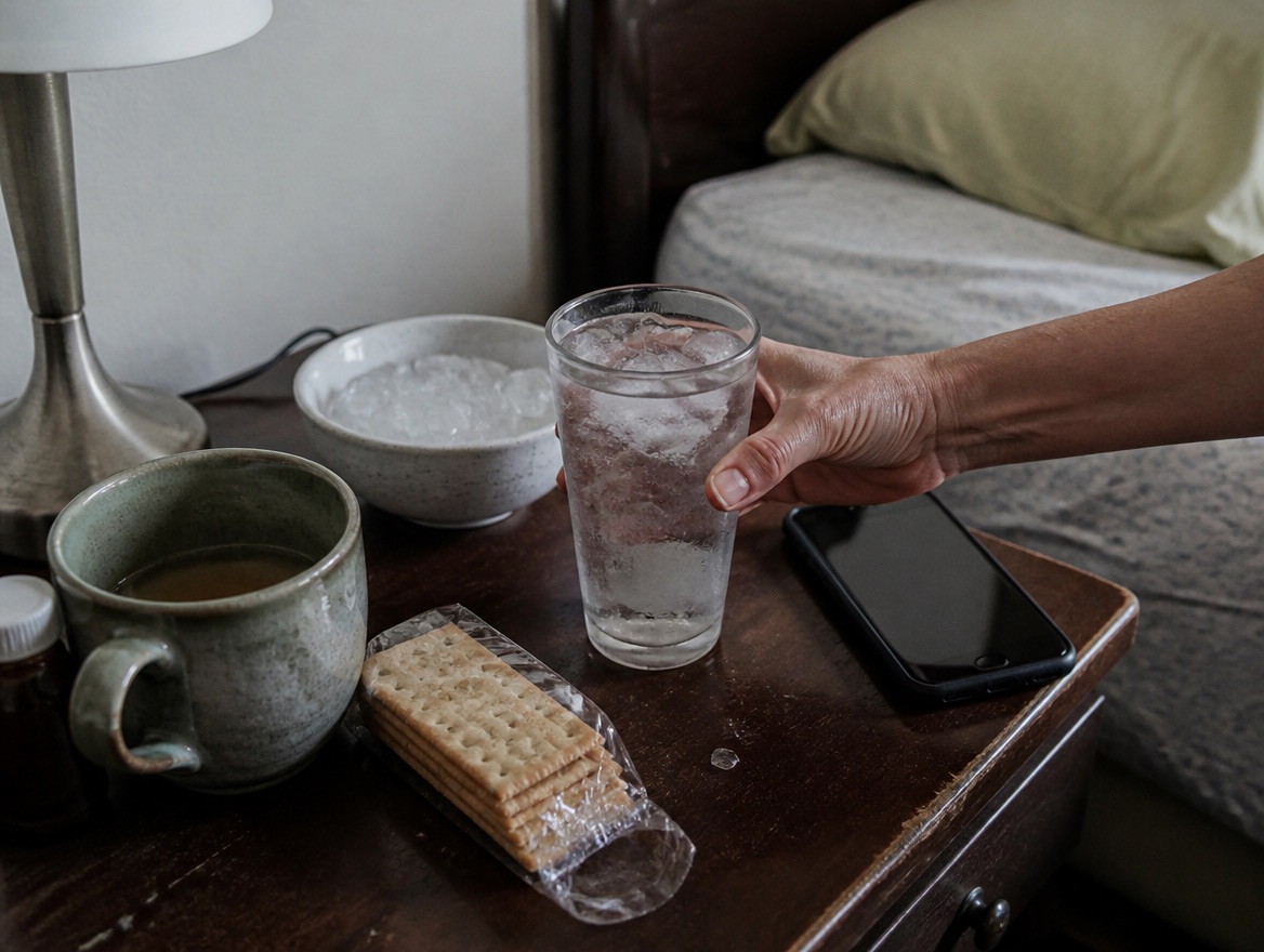 A woman's hand reaches for a sweating glass of ice water on a cluttered wooden bedside nightstand beside a bowl of ice chips, a mug of ginger tea, a sleeve of crackers, and a phone in the early morning light.