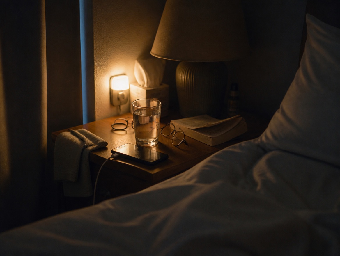 A dim nightstand lit by a small plug-in nightlight, with a full glass of water, reading glasses, a phone, and a folded towel beside a rumpled bed at night