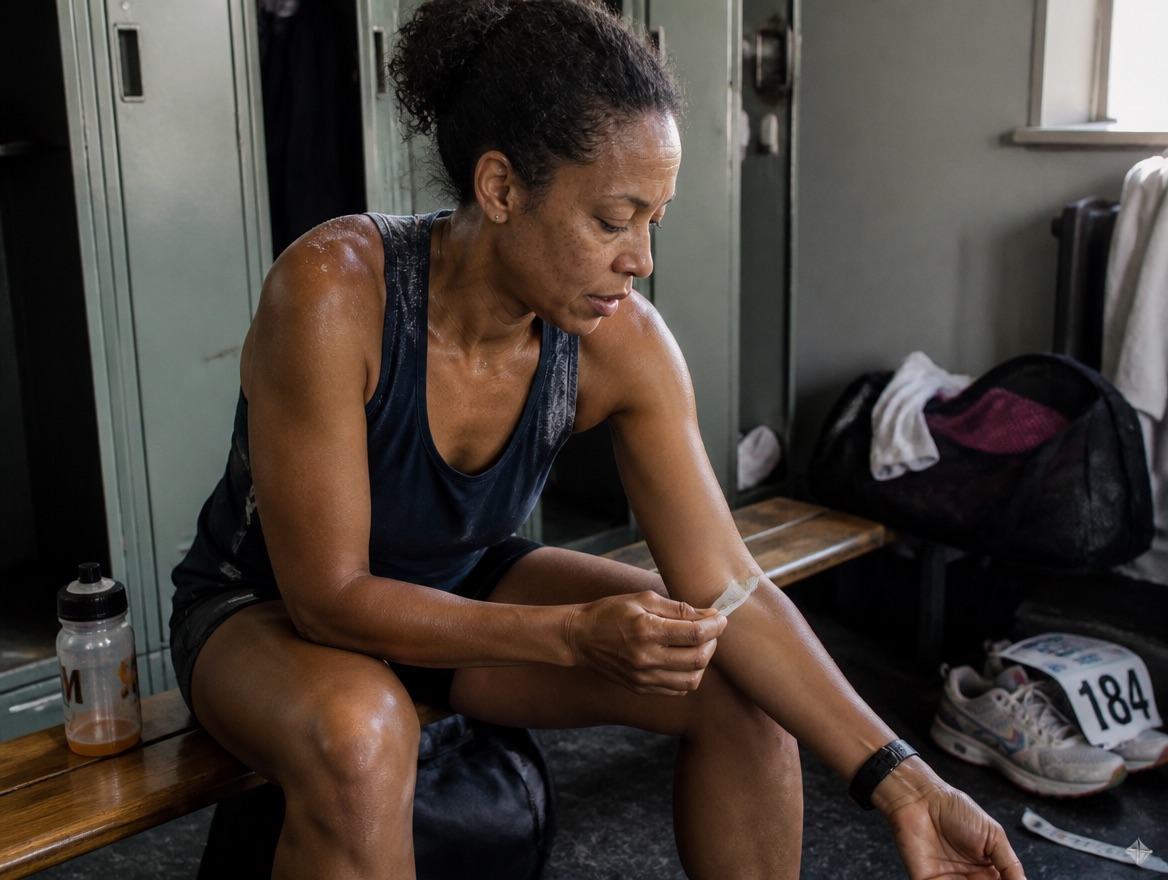 A Black woman in her late forties in a salt-streaked navy training singlet sits on a wooden locker-room bench just after a long run, leaning forward to peel a small adhesive sweat patch off her inner forearm, with a half-finished plastic bottle on the bench, worn running shoes and a race bib reading 184 on the floor beside her.